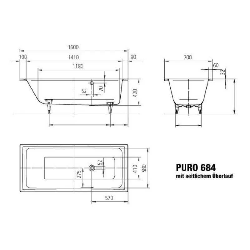Kaldewei PURO Side Overflow Mod 684 Innebygd Badekar 160x70 cm