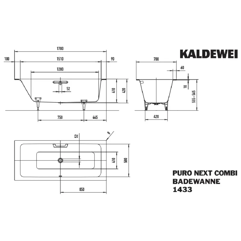 Kaldewei PURO NEXT COMBI Mod 1433 Innebygd Badekar 170x70 cm
