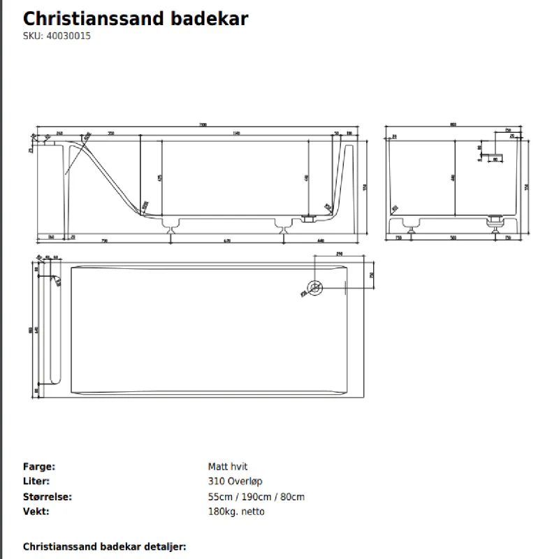 Copenhagen Bath Christianssand Frittstående Badekar 190x80 cm
