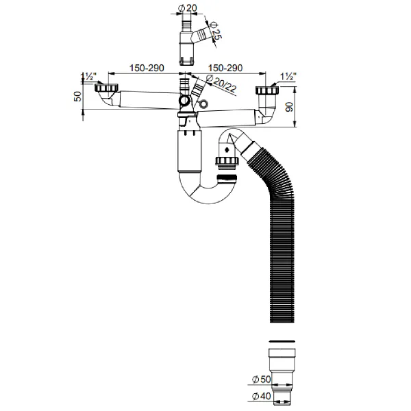 Hovedbilde Contura Steel Kjøkkenvannlås Universal ROT med flexislange