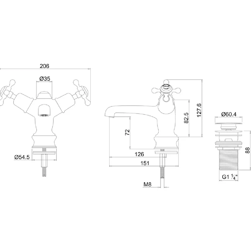 Burlington Claremont Regal servantbatteri m/pop-up ventil