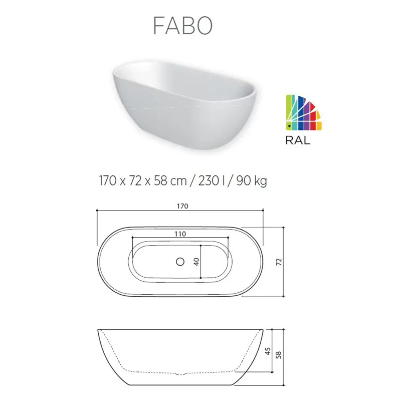 Balteco Fabo Frittstående Badekar 170x72 cm