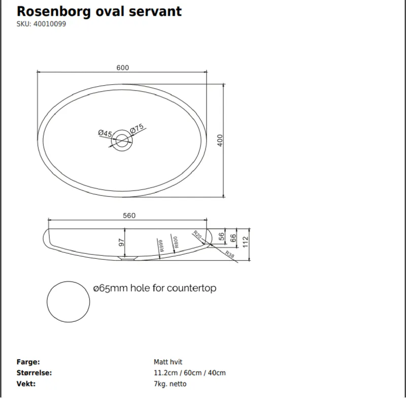 Copenhagen Bath Rosenborg oval servant - toppmontert