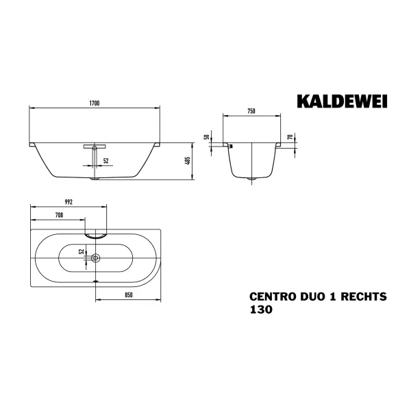 Hovedbilde Kaldewei CENTRO DUO 1 HØYRE Mod 130 Innebygd Badekar 170x75 cm