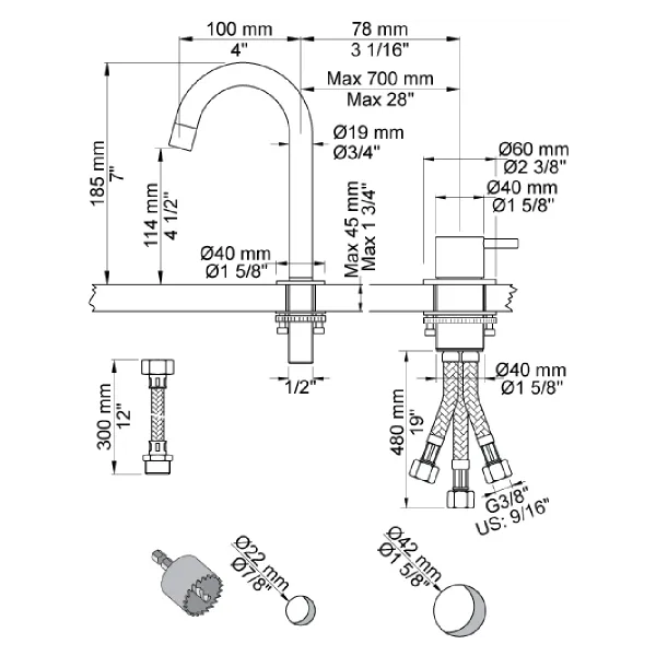 Hovedbilde Vola 590B 2-hulls Servantbatteri