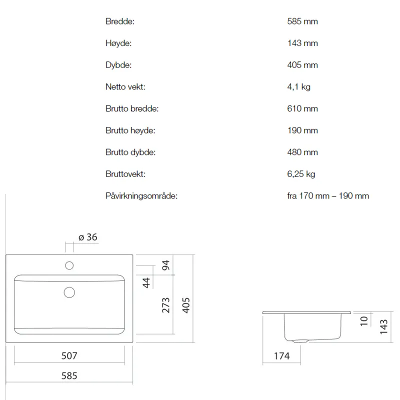 Alape EB.R585H servant 58.5x40.5 cm nedfelt