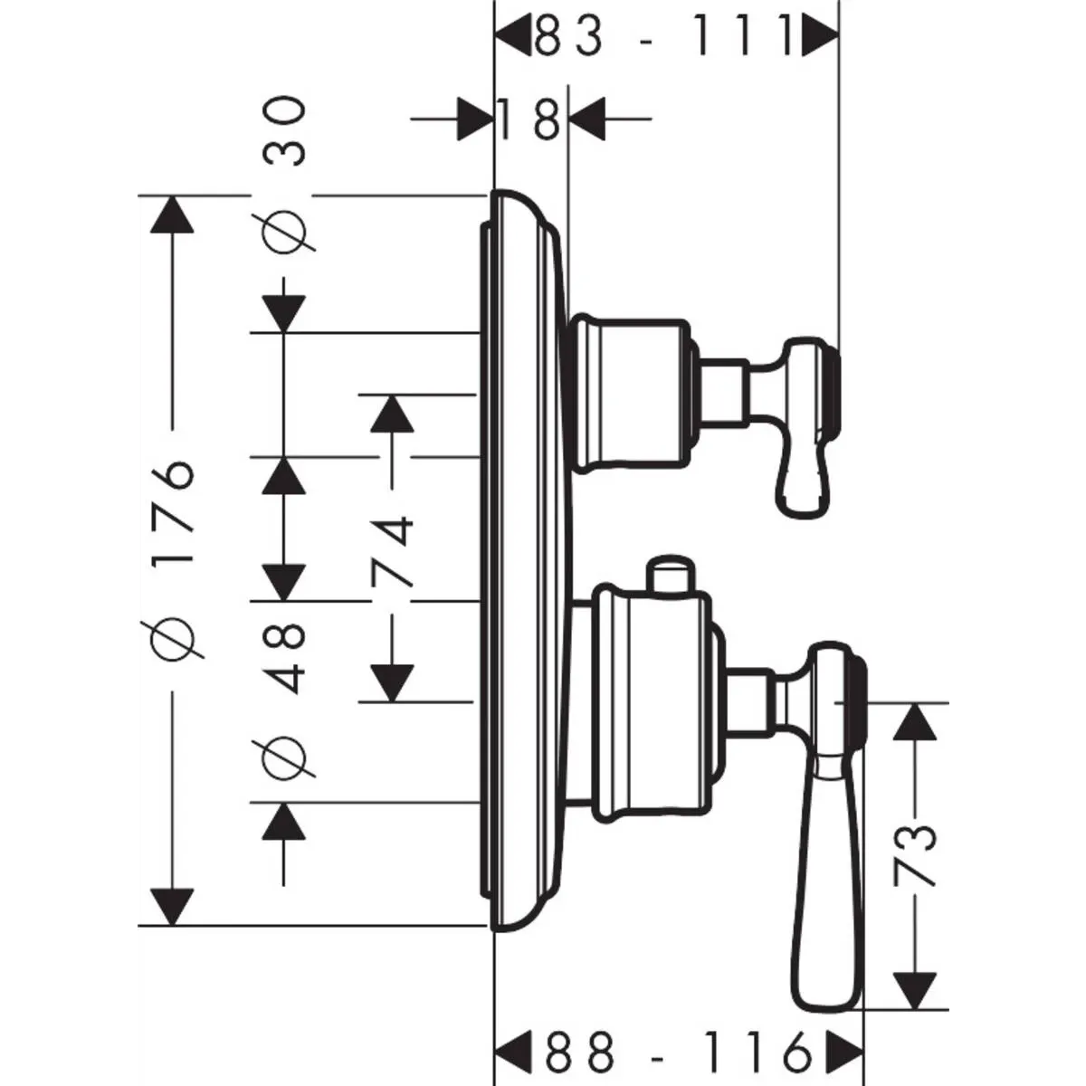 Axor Montreux Innebygd Termostatmodul med vingegrep og avsperring/vender - 2 uttak
