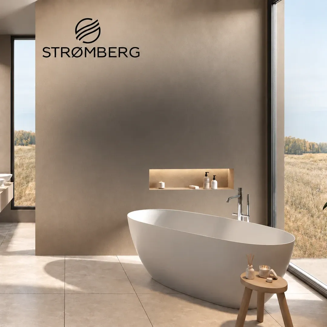 Strømberg frittstående badekar med badekarbatteri i et lyst baderom. -25% på alle badekar fra Strømberg i oktober
