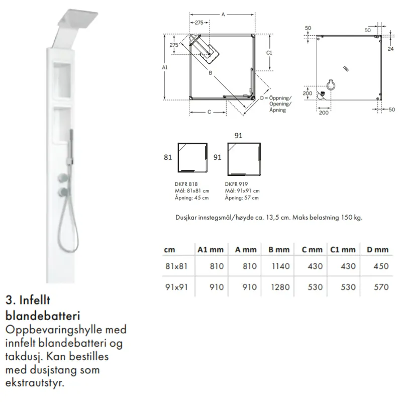 Macro Flow Rett dusjkabinett - Innfelt blandebatteri